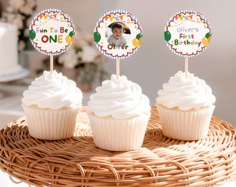 Sjabloon 1e verjaardag cupcake toppers, kleurrijke ballonnen verjaardagsdecor, klassieke caketopper eerste verjaardag, bewerkbare afdrukbare canvas