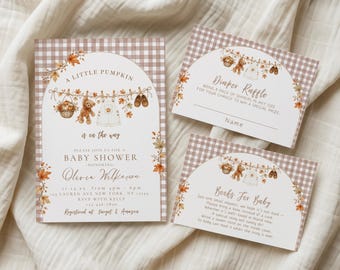 Little Pumpkin Baby Shower Uitnodiging Suite, Herfst Baby Shower Bundel, Pompoen Thema Shower Uitnodiging, Digitale Uitnodiging, Bewerkbare Canva-sjabloon