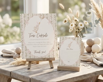 Een bordje en berichtkaartje met de tekst "One Silly Goose Birthday time capsule", eerste verjaardag van een gans, thema "Silly Goose", eerste verjaardag van een meisje, bewerkbaar Canva-bestand