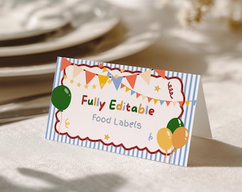 1e verjaardag voedseletiketsjabloon, kleurrijke ballonnen verjaardagsdecor, klassiek eerste verjaardagsfeestje voedseletiket, bewerkbare canvas afdrukbare