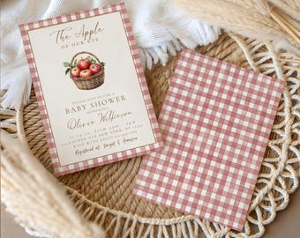 Babyshower met appel van ons oog, digitale uitnodiging babyshower met appelthema, genderneutrale uitnodiging, babysprinkhaan, bewerkbaar canvas