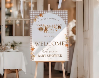 Welkomstbordje voor een babyshower met een pompoenthema, herfstthema, babyshowerbord, digitaal sjabloon, bewerkbaar Canva-sjabloon