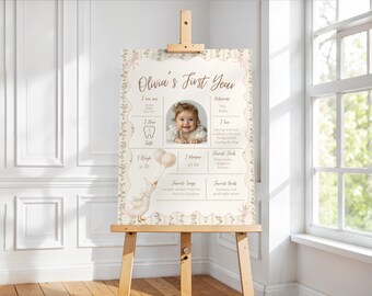Een verjaardagsbord met een gansje als mijlpaal, bord voor de eerste verjaardag van een gansje, feestthema met gansje, aandenken voor de eerste verjaardag van een meisje, bewerkbaar Canva-bestand