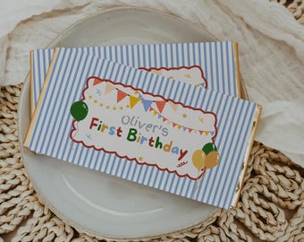 Sjabloon 1e verjaardag chocoladeverpakking, kleurrijke ballonnen verjaardag snoeppapiertje, klassieke eerste verjaardagsfeestje, bewerkbare canvas afdrukbare