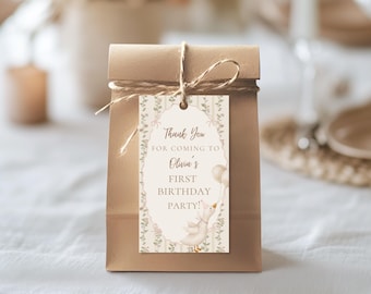 Een grappig gansje als bedankkaartje voor de eerste verjaardag, bewerkbare Canva-sjabloon, gansje als cadeaulabel voor een verjaardagsfeestje, label voor een goodiebag, printbare Canva-sjabloon