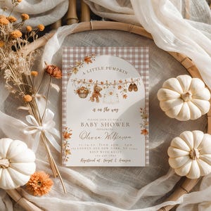 Babyshower kleine pompoen, herfst babyshowerbundel, pompoen themashower uitnodiging, digitale uitnodiging, bewerkbare canvassjabloon afbeelding 2