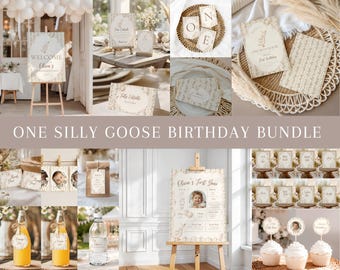 Eén grappig gans verjaardagspakket, gans eerste verjaardagsfeestpakket, grappige gans feestdecoratie, decoraties voor de eerste verjaardag van een meisje, bewerkbaar Canva-bestand