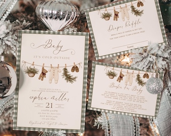 Baby It’s Cold Outside Babyshower uitnodigingspakket, digitale uitnodiging voor een winterse babyshower, boeken voor de baby, luierloterij, bewerkbaar Canva-bestand