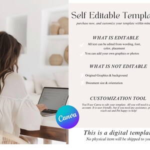 May include: A digital template information graphic with black text on a white background. It lists editable features, non-editable elements, and mentions the Canva customization tool. The text includes Self Editable Template, What is Editable, What is Not Editable, Customization Tool, and This is a digital template.