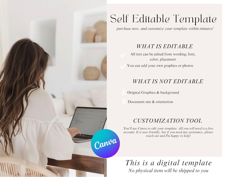 May include: A digital template information graphic with black text on a white background. It lists editable features, non-editable elements, and mentions the Canva customization tool. The text includes Self Editable Template, What is Editable, What is Not Editable, Customization Tool, and This is a digital template.