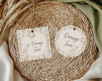 ONE Silly Goose drinketiketten, ronde en vierkante flesetiketten, decoraties voor een eerste verjaardagsfeest, decoraties met een Silly Goose-thema, bewerkbaar Canva-bestand