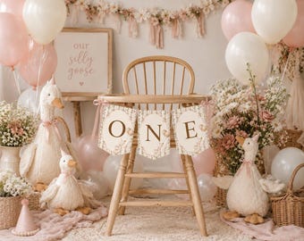 Eén grappige gans banner met vlaggetjes, decoraties voor de eerste verjaardag, gans verjaardagsfeest banner, één banner met vlaggetjes, bewerkbare Canva-sjabloon