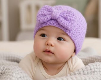 Berretto turbante con fiocco per neonati. Modello all'uncinetto, dalla nascita fino ai primi anni di vita, 5 taglie, download immediato.