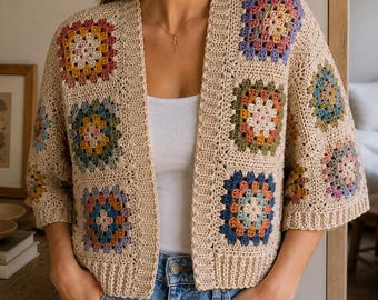Modello per cardigan all'uncinetto "Grandma Square", giacca boho con motivo floreale a raggiera (download PDF)