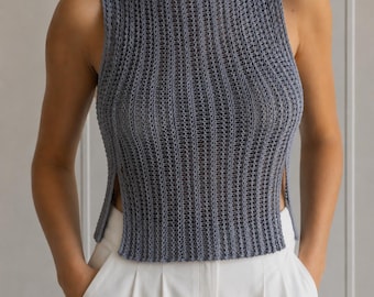 Modello per canotta a coste all'uncinetto, top a rete all'uncinetto in PDF, top estivo all'uncinetto da donna, top senza maniche traforato, taglie XS–XL, download immediato