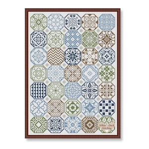 May include: A framed cross-stitch sampler featuring a grid of octagonal tiles with various geometric and floral patterns. The color palette includes shades of blue, green, and brown on a white background. The text "White Duck Stitching" is in the bottom right corner.