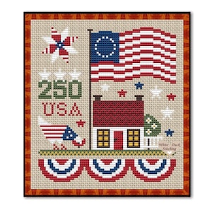 May include: Cross-stitch design featuring a patriotic theme with a red, white, and blue color scheme. The design includes an American flag, a house, stars, and the text "250 USA". A banner of red, white, and blue bunting is at the bottom.