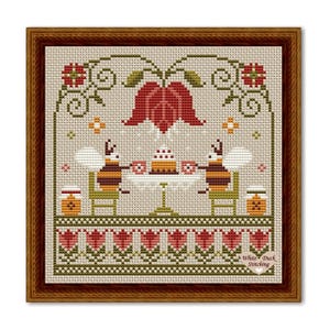 May include: Cross-stitch embroidery featuring two bees at a table with a cake, teacups, and honey pots. The design includes floral elements, a large red flower, and the text "White Duck Stitching" in the lower right corner. The frame is brown.