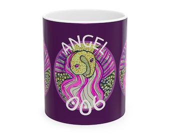 Tazza con illustrazione del numero 006 di un angelo originale / Ceramica viola da 325 ml o 440 ml / Regalo a tema fede / Ispirata allo Spirito Santo