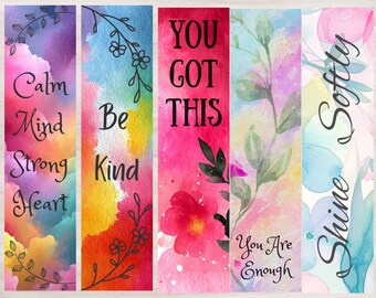 Watercolor Bookmark Set of 10 Printable Quote Pastel Floral Bookmarks,digital download