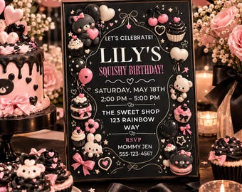 Black Squishy Birthday Invitation | Squishy Party Invite | Fidget Sensory Birthday | Kawaii Girls Invite | Editable Canva Template