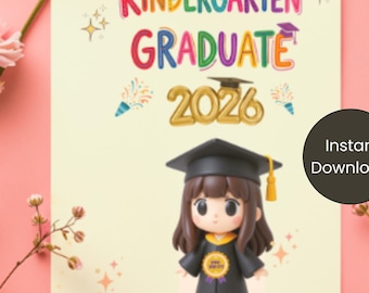 Kindergarten Graduation Card Printable Girl 2026 | Congrats Grad 5x7 Folded | Pre-K Graduate Gift Instant Download | Daughter Niece