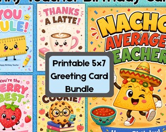 Funny Teacher Birthday Card Bundle Printable, Appreciation Gift, 5x7 Folded Cards