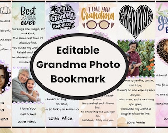 Editable Grandma Bookmark Bundle Floral Photo Gift Printable PDF 2x6