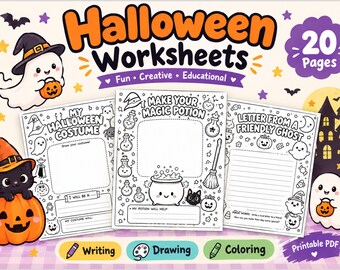 20-Page Halloween Activity Bundle | Kawaii Printables, Writing, Coloring (Digital Download)