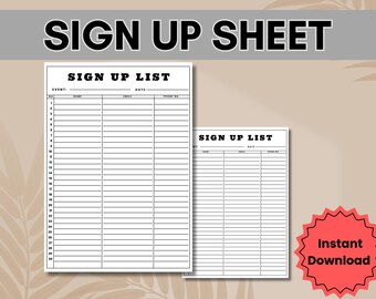 Event Volunteer Sign Up Sheet, Party Guest List, Business Form (PDF Download)