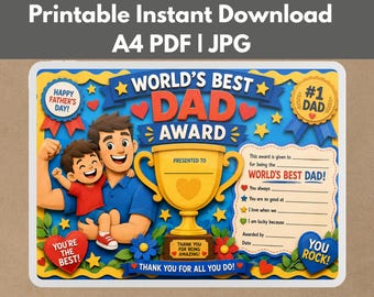 World's Top Dad Award Certificate Printable, Father Day Gift ,PDF Instant Download