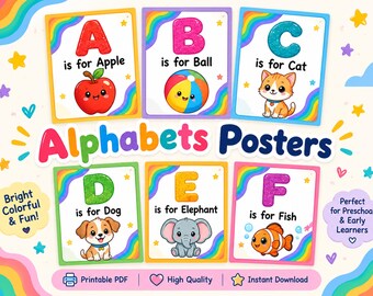 Alphabet Posters Classroom Decor, ABC Wall Cards A-Z, Preschool Kindergarten Printable, Rainbow Learning Posters PDF