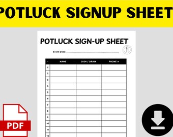 Potluck Sign Up Sheet Printable, Thanksgiving  Party Signup Form,  A4 US,instant download