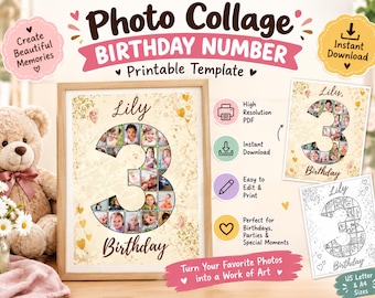 3rd Birthday Photo Collage Template, Editable Canva Design (Digital Download)