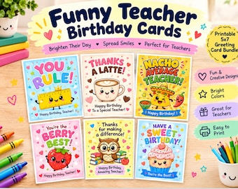 Funny Teacher Birthday Card Bundle | 5 Printable Designs | 5x7 Folded PDF | Instant Download Teacher Gift