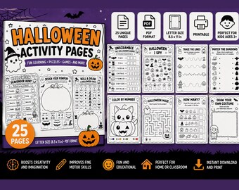 Halloween Activity Book for Kids, 25 Printable Pages, Mazes, Puzzles, Coloring & Tracing, PDF Download