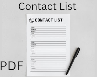 Printable Contact List, Address Book Template, Phone Directory, Email Tracker, A4 Letter PDF