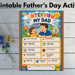 Cuestionario de entrevista para el Día del Padre, actividad imprimible con preguntas para papá, hoja de trabajo en PDF.