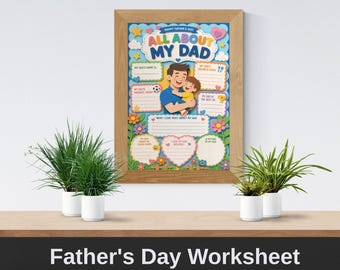 All About My Dad Fathers Day Printable Worksheet A4 Kids Gift Instant Download