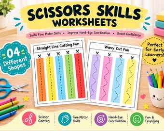 Scissor Skills Cutting Practice Worksheets, Preschool Fine Motor Activity (PDF Download)
