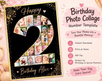 2nd Birthday Photo Collage Template, Black Gold Floral Poster (Digital Download)