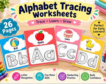 Alphabet Tracing Worksheets A-Z,Preschool Pre-K + Kindergarten Learning Bundle,Handwriting Practice,Uppercase Lowercase Letter Pdf