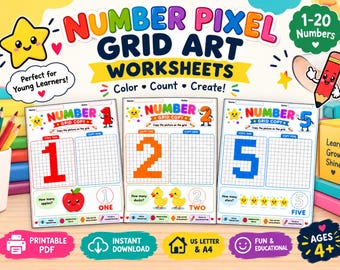 Number Pixel Art Worksheets for Kids, Fine Motor Brain Game, Copy Color Grid Drawing Pages (Digital Download),20 pages Pdf