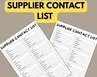 Supplier Contact List Printable, Business Contacts Sheet, Vendor Tracker PDF, A4 A5 US Letter
