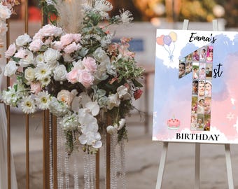 1st Birthday Photo Collage Template, Number 1 Milestone Sign, Editable Canva Template, First Birthday Poster, Printable Digital Download