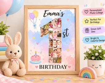 1st Birthday Photo Collage Sign, Watercolor Milestone Poster (Digital Download)