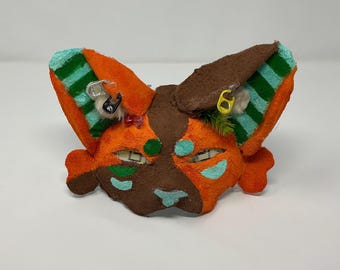 Hand-Painted Whimsical Cat Mask: Mixed Media Art Piece, Wearable Costume Décor