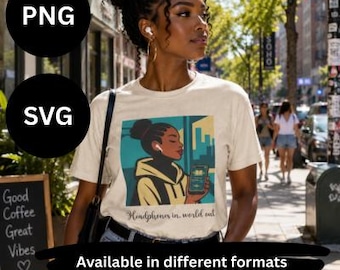 May include: A cream-colored t-shirt featuring a graphic illustration of a person with a high bun wearing a yellow hoodie and white earbuds, holding a smartphone. Below the illustration, the text reads, Headphones in, world out.