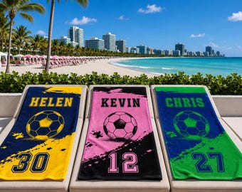 Personalized Soccer Team Beach Towel, School Team Gift, Soccer Towel, Custom Name & Player Number Pool Towel, Summer Vacation Gift