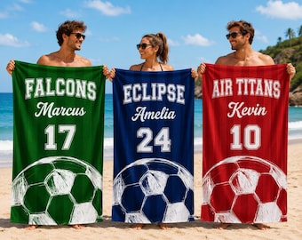 Personalized Soccer Beach Towel with Custom Name, Custom Name Towel for Soccer Fans, Soccer Team Gift, Soccer Ball Design Towel